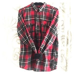 long sleeve red/black/white plaid shirt.